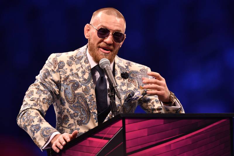 LAS VEGAS, NV - AUGUST 25: Conor McGregor speaks to the media during a news conference after Mayweather's 10th-round TKO victory in their super welterweight boxing match on August 26, 2017 at T-Mobile Arena in Las Vegas, Nevada. (Photo by Jeff Bottari/Zuffa LLC/Zuffa LLC via Getty Images)