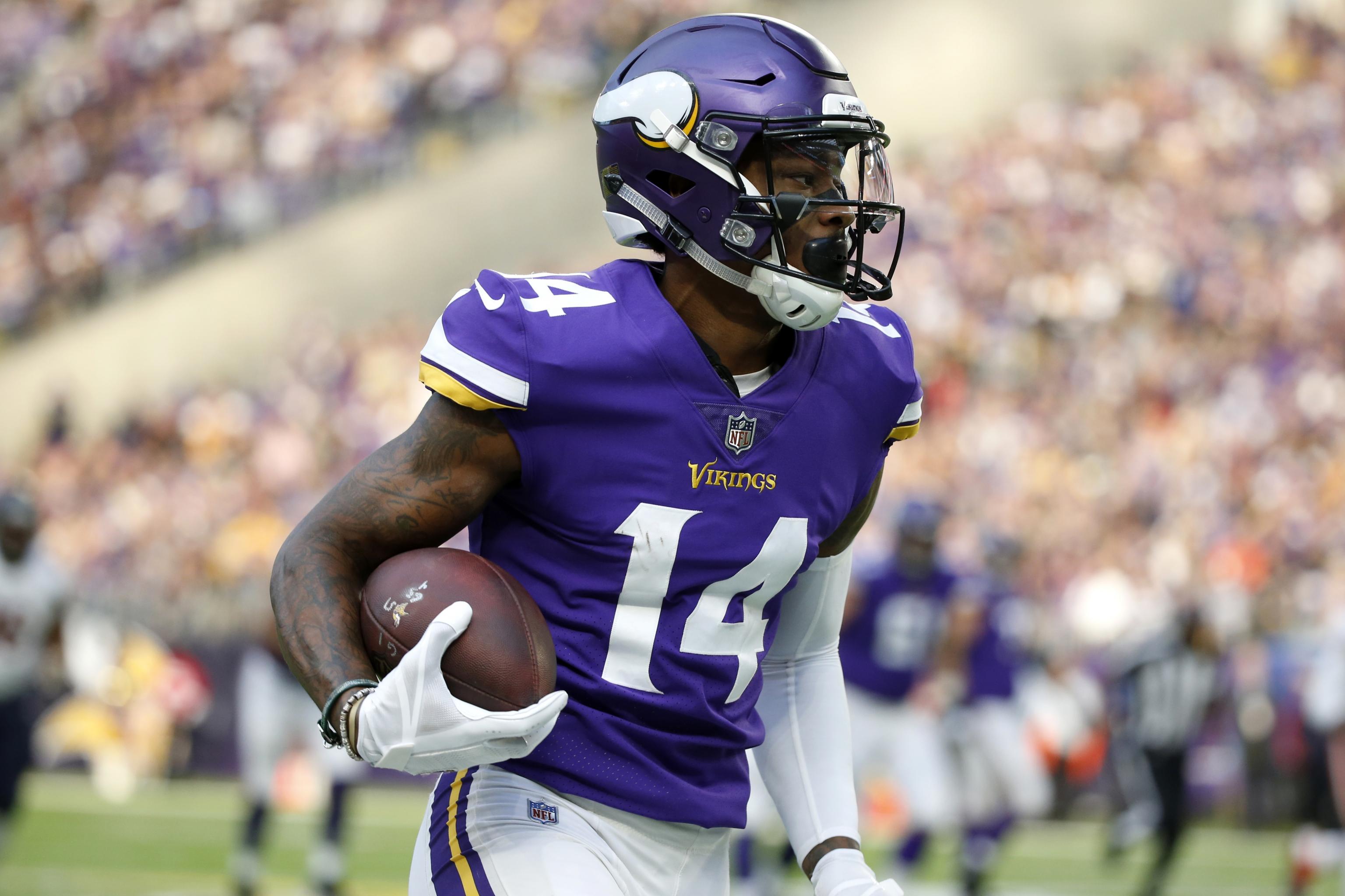 Minnesota Vikings wide receiver Stefon Diggs reacts after scoring the game  winning touchdown against the New Orleans Saints in the second half of the  NFC Divisional round playoff game at U.S. Bank