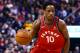 TORONTO, ON - JANUARY 09: DeMar DeRozan #10 of the Toronto Raptors dribbles the ball during the second half of an NBA game against the Miami Heat at Air Canada Centre on January 9, 2018 in Toronto, Canada. NOTE TO USER: User expressly acknowledges and agrees that, by downloading and or using this photograph, User is consenting to the terms and conditions of the Getty Images License Agreement. (Photo by Vaughn Ridley/Getty Images)