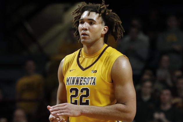 FILE - In this Jan. 3, 2018, file photo, Minnesota center Reggie Lynch plays against Illinois in the second half of an NCAA college basketball game in Minneapolis. Lynch faces suspension over an alleged violation of the school's sexual misconduct policy. The Minneapolis Star Tribune and the St. Paul Pioneer Press report that Lynch was accused last fall by a woman who said he assaulted her in his dorm room in April 2016. (AP Photo/Jim Mone, File)