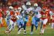 KANSAS CITY, MO - JANUARY 6: Running back Derrick Henry #22 of the Tennessee Titans runs up field for a touchdown during the second half of the game against the Kansas City Chiefs at Arrowhead Stadium on January 6, 2018 in Kansas City, Missouri. (Photo by Peter G. Aiken/Getty Images)