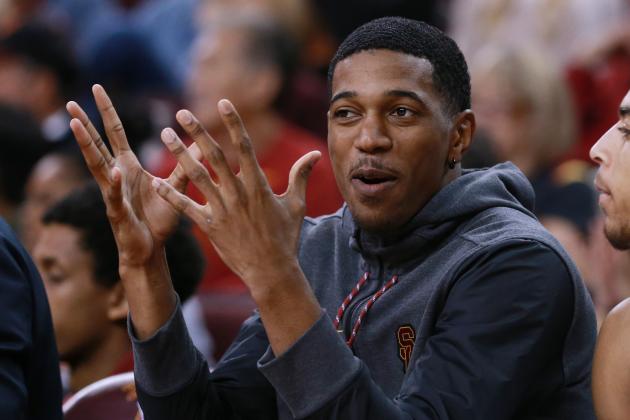 LOS ANGELES, CA - NOVEMBER 26:  De'Anthony Melton #22 of the USC Trojans cheers on his team from the bench against the Texas A&M Aggies during a college basketball game at Galen Center on November 26, 2017 in Los Angeles, California.  (Photo by Leon Bennett/Getty Images)