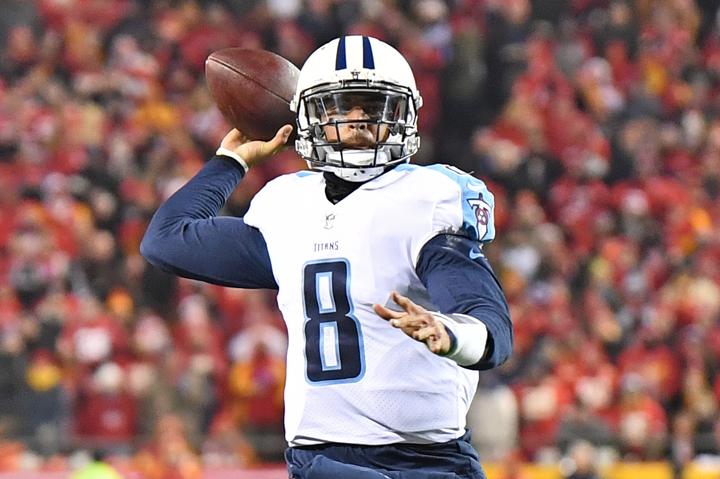 Tennessee Titans quarterback Marcus Mariota #8 during an NFL football game  between the New Engl …