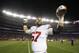 New York Giants offensive guard Justin Pugh celebrates after defeating the Denver Broncos in an NFL football game Sunday, Oct. 15, 2017, in Denver. (AP Photo/Jack Dempsey)