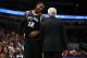 CHICAGO, IL - OCTOBER 21: LaMarcus Aldridge #12 of the San Antonio Spurs meets with head coach Gregg Popovich of the San Antonio Spurs in the fourth quarter against the Chicago Bulls at the United Center on October 21, 2017 in Chicago, Illinois. NOTE TO USER: User expressly acknowledges and agrees that, by downloading and or using this photograph, User is consenting to the terms and conditions of the Getty Images License Agreement. (Photo by Dylan Buell/Getty Images)