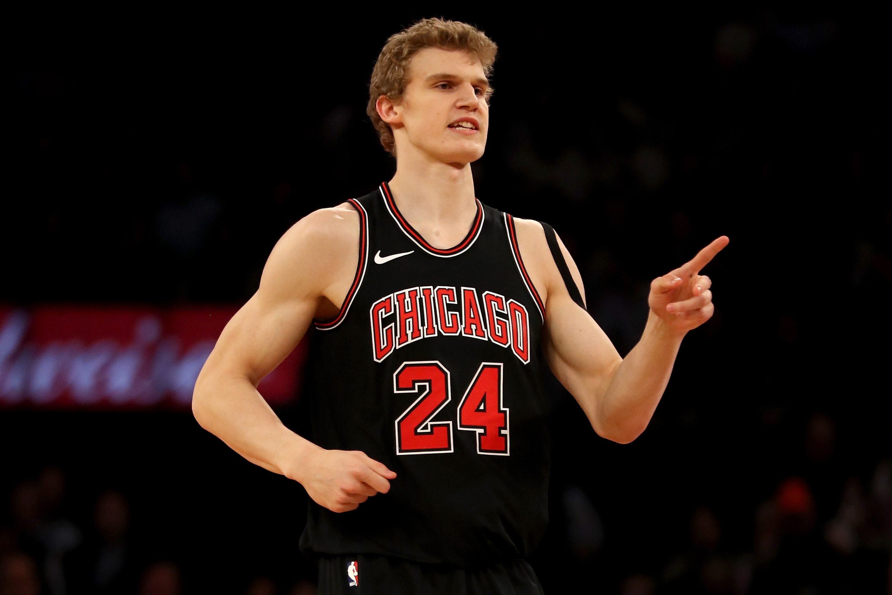 NEW YORK, NY - JANUARY 10:  Lauri Markkanen #24 of the Chicago Bulls celebrates his three point shot in the first half against the New York Knicks at Madison Square Garden on January 10, 2018 in New York City. NOTE TO USER: User expressly acknowledges and agrees that, by downloading and or using this Photograph, user is consenting to the terms and conditions of the Getty Images License Agreement  (Photo by Elsa/Getty Images)