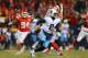 KANSAS CITY, MO - JANUARY 06: Marcus Mariota #8 of the Tennessee Titans avoids being sacked against the Kansas City Chiefs during the AFC Wild Card playoff game at Arrowhead Stadium on January 6, 2018 in Kansas City, Missouri. (Photo by Dilip Vishwanat/Getty Images)