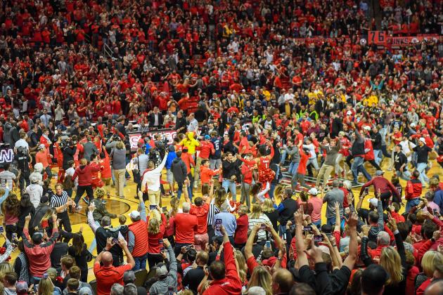 LUBBOCK, TX - JANUARY 13: The Texas Tech Red Raiders fans rush the court after the Texas Tech Red Raiders defeated the West Virginia Mountaineers 72-71 on January 13, 2018 at United Supermarket Arena in Lubbock, Texas. (Photo by John Weast/Getty Images)