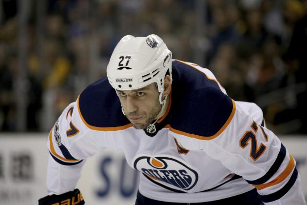 Edmonton Oilers left wing Milan Lucic (27) looks on during the first period of an NHL hockey game against the Boston Bruins in Boston, Sunday, Nov. 26, 2017. (AP Photo/Mary Schwalm)