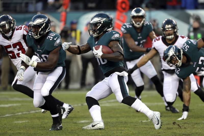 Philadelphia Eagles' Corey Clement returns a kick during the first half of an NFL divisional playoff football game against the Atlanta Falcons, Saturday, Jan. 13, 2018, in Philadelphia. (AP Photo/Michael Perez)