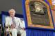 COOPERSTOWN, NY - JULY 25: 2010 inductee Doug Harvey sits behind his plaque as his pre-recorded speech is heard at Clark Sports Center during the Baseball Hall of Fame induction ceremony on July 25, 20010 in Cooperstown, New York. Harvey served as a National League umpire for 31 seasons working 4,673 regular season games as well as working five World Series. (Photo by Jim McIsaac/Getty Images)