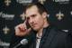 New Orleans Saints quarterback Drew Brees takes part in a news conference following an NFL divisional football playoff game in Minneapolis, Sunday, Jan. 14, 2018. The Vikings defeated the Saints 29-24. (AP Photo/Charlie Neibergall)