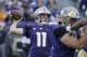 Washington quarterback K.J. Carta-Samuels throws against UCLA in the second half of an NCAA college football game Saturday, Oct. 28, 2017, in Seattle. Washington won 44-23. (AP Photo/Elaine Thompson)