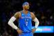 MINNEAPOLIS, MN - JANUARY 10: Carmelo Anthony #7 of the Oklahoma City Thunder looks on during the game against the Minnesota Timberwolves on January 10, 2018 at the Target Center in Minneapolis, Minnesota. NOTE TO USER: User expressly acknowledges and agrees that, by downloading and or using this Photograph, user is consenting to the terms and conditions of the Getty Images License Agreement. (Photo by Hannah Foslien/Getty Images)