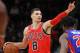 CHICAGO, IL - JANUARY 13: Zach LaVine #8 of the Chicago Bulls signals a play against the Detroit Pistons at the United Center on January 13, 2018 in Chicago, Illinois. The Bulls defeated the Pistons 107-105. NOTE TO USER: User expressly acknowledges and agrees that, by downloading and or using this photograph, User is consenting to the terms and conditions of the Getty Images License Agreement. (Photo by Jonathan Daniel/Getty Images)