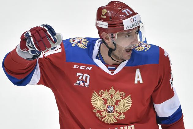 Russia's forward Ilya Kovalchuk celebrates a goal during the Channel One Cup of the Euro Hockey Tour ice hockey match between Russia and Czech Republic in Moscow on December 16, 2016. / AFP / Alexander NEMENOV        (Photo credit should read ALEXANDER NEMENOV/AFP/Getty Images)