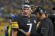 PITTSBURGH, PA - OCTOBER 02: Quarterback Ben Roethlisberger #7 of the Pittsburgh Steelers meets with offensive coordinator Todd Haley during a game against the Kansas City Chiefs at Heinz Field on October 2, 2016 in Pittsburgh, Pennsylvania. The Steelers defeated the Chiefs 43-14. (Photo by George Gojkovich/Getty Images)