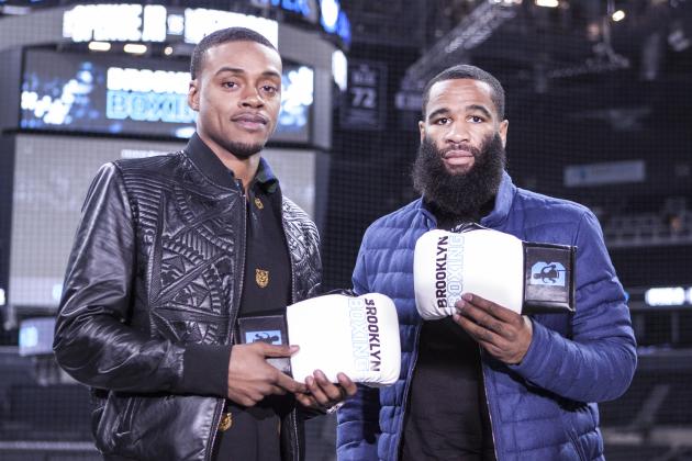 NEW YORK, NY - NOVEMBER 29: Errol Spence, Jr and Lamont Peterson speak to the press and pose during the press conference announcing their upcoming Championship Welterweight fight in January, at the Barclays Center November 29, 2017 in  Brooklyn, New York. (Photo by Bill Tompkins/Getty Images)