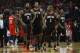 HOUSTON, TX - DECEMBER 11: James Harden #13 of the Houston Rockets, Chris Paul #3, and Trevor Ariza #1 react after a techical foul in the first half against the New Orleans Pelicans at Toyota Center on December 11, 2017 in Houston, Texas. NOTE TO USER: User expressly acknowledges and agrees that, by downloading and or using this photograph, User is consenting to the terms and conditions of the Getty Images License Agreement. (Photo by Tim Warner/Getty Images)
