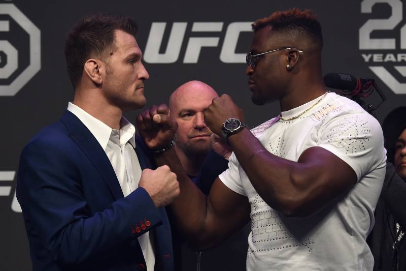 LAS VEGAS, NV - DECEMBER 29: (L-R) Opponents Stipe Miocic and Francis Ngannou face off during the UFC 220 press conference inside T-Mobile Arena on December 29, 2017 in Las Vegas, Nevada. (Photo by Jeff Bottari/Zuffa LLC/Zuffa LLC via Getty Images)