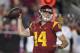 Southern California quarterback Sam Darnold prepares to throw a pass during the first half of an NCAA college football game against Arizona, Saturday, Nov. 4, 2017, in Los Angeles. (AP Photo/Mark J. Terrill)