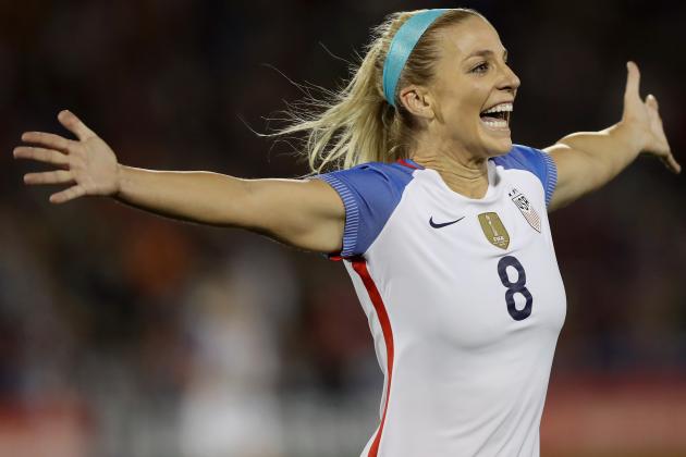 COMMERCE CITY, CO - SEPTEMBER 15:  Julie Ertz #8 of theUnited States celebrates her second goal in the first half against New Zealand at Dick's Sporting Goods Park on September 15, 2017 in Commerce City, Colorado.  (Photo by Matthew Stockman/Getty Images)