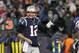 New England Patriots quarterback Tom Brady (12) gestures a first down during the second half of an NFL divisional playoff football game against the Tennessee Titans, Saturday, Jan. 13, 2018, in Foxborough, Mass. . (AP Photo/Stew Milne)