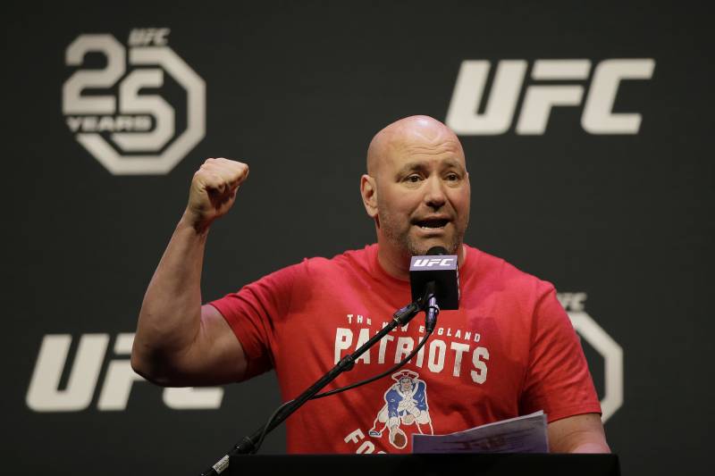 Dana White, president of the Ultimate Fighting Championship, the largest mixed martial arts organization in the world, opens a UFC weigh-in Friday, Jan. 19, 2018, in Boston. (AP Photo/Stephan Savoia)