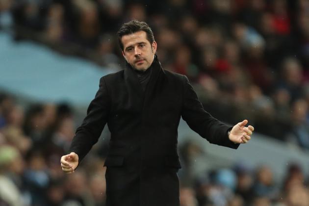 MANCHESTER, ENGLAND - JANUARY 02: A dejected Marco Silva manager / head coach of Watford reacts during the Premier League match between Manchester City and Watford at Etihad Stadium on January 2, 2018 in Manchester, England. (Photo by Robbie Jay Barratt - AMA/Getty Images)