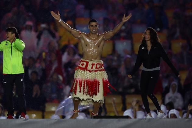 RIO DE JANEIRO, BRAZIL - AUGUST 21: Pita Taufatofua of Tonga jumps on stage during the Closing Ceremony on Day 16 of the Rio 2016 Olympic Games at Maracana Stadium on August 21, 2016 in Rio de Janeiro, Brazil. (Photo by Ezra Shaw/Getty Images)