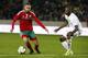 Morocco's Zakaria Hadraf, left, challenges the ball with Mauritania's Moussa Baghayoko during their CHAN (African Nations Championship) opening group A soccer match in Casablanca, Morocco, Saturday, Jan. 13, 2018. (AP Photo/Abdeljalil Bounhar)