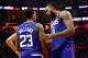 LOS ANGELES, CA - DECEMBER 31: Lou Williams #23 of the LA Clippers and DeAndre Jordan #6 of the LA Clippers chat between points in the fourth quarter at Staples Center on December 31, 2017 in Los Angeles, California. (Photo by Joe Scarnici/Getty Images)