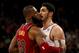 NEW YORK, NY - NOVEMBER 13: LeBron James #23 of the Cleveland Cavaliers and Enes Kanter #00 of the New York Knicks exchange words in the first half at Madison Square Garden on November 13, 2017 in New York City. NOTE TO USER: User expressly acknowledges and agrees that, by downloading and or using this Photograph, user is consenting to the terms and conditions of the Getty Images License Agreement (Photo by Elsa/Getty Images)