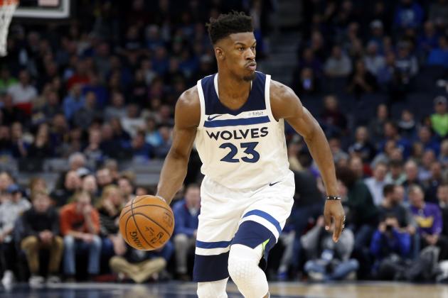 Minnesota Timberwolves' Jimmy Butler plays against the New York Knicks in the first half of an NBA basketball game Friday, Jan. 12, 2018, in Minneapolis. (AP Photo/Jim Mone)