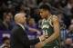 Milwaukee Bucks head coach Jason Kidd talks with Bucks forward Giannis Antetokounmpo as he walks off the court during the first quarter of an NBA basketball game against the Sacramento Kings Tuesday, Nov. 28, 2017, in Sacramento, Calif. (AP Photo/Rich Pedroncelli)