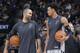 SACRAMENTO, CA - DECEMBER 23: Tony Parker #9 and Dejounte Murray #5 of the San Antonio Spurs warm up against the Sacramento Kings on December 23, 2017 at Golden 1 Center in Sacramento, California. NOTE TO USER: User expressly acknowledges and agrees that, by downloading and or using this photograph, User is consenting to the terms and conditions of the Getty Images Agreement. Mandatory Copyright Notice: Copyright 2017 NBAE (Photo by Rocky Widner/NBAE via Getty Images)