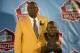 CANTON, OH - AUGUST 4: Former Seattle Seahawks defensive tackle Cortez Kennedy with his bust during the Class of 2012 Pro Football Hall of Fame Enshrinement Ceremony at Fawcett Stadium on August 4, 2012 in Canton, Ohio. (Photo by Jason Miller/Getty Images)