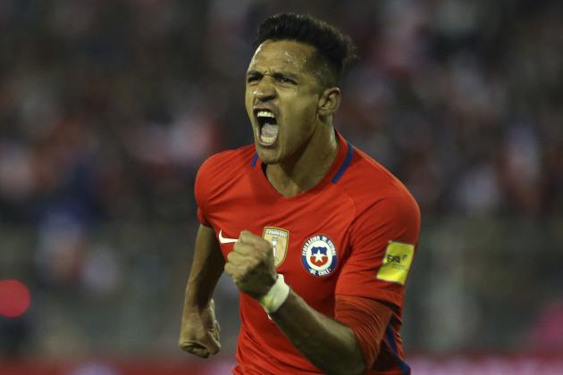 Chile's Alexis Sanchez celebrates after scoring against Ecuador during a 2018 World Cup qualifying soccer match in Santiago, Chile, Thursday, Oct. 5, 2017. (AP Photo/Esteban Felix)