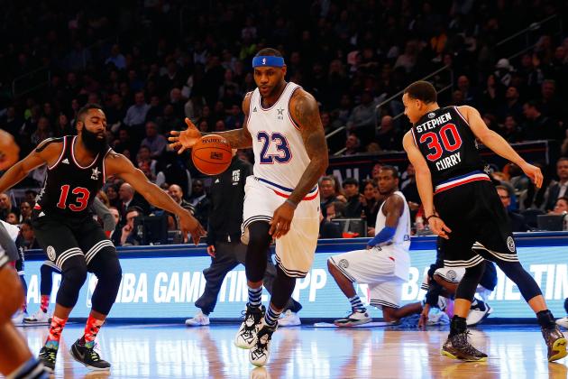 NEW YORK, NY - FEBRUARY 15:  (NEW YORK DAILIES OUT)    LeBron James #23 of the Eastern Conference in action against James Harden #13 and Stephen Curry #30 of the Western Conference during the 2015 NBA All-Star Game at Madison Square Garden on February 15, 2015 in New York City. The Western Conference defeated the Eastern Conference Knicks 163-158. NOTE TO USER: User expressly acknowledges and agrees that, by downloading and/or using this Photograph, user is consenting to the terms and conditions of the Getty Images License Agreement.  (Photo by Jim McIsaac/Getty Images)