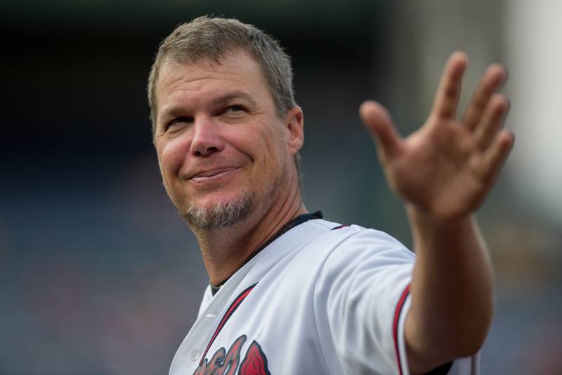 ATLANTA, GA - AUGUST 8:  Former Atlanta Braves player Chipper Jones waves to the crowd during a pre-game ceremony honoring many Braves alumni players before the game against the Washington Nationals at Turner Field on August 8, 2014 in Atlanta, Georgia. (Photo by Kevin Liles/Getty Images)