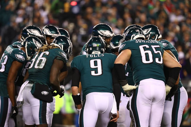 PHILADELPHIA, PA - JANUARY 21: Nick Foles #9 of the Philadelphia Eagles calls a huddle against the Minnesota Vikings during their NFC Championship game at Lincoln Financial Field on January 21, 2018 in Philadelphia, Pennsylvania. (Photo by Al Bello/Getty Images)