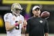 NEW ORLEANS, LA - OCTOBER 5: Head Coach Sean Payton and Drew Brees #9 of the New Orleans Saints talk before a game against the Tampa Bay Buccaneers at Mercedes-Benz Superdome on October 5, 2014 in New Orleans, Louisiana. The Saints defeated the Buccaneers 37-31. (Photo by Wesley Hitt/Getty Images)