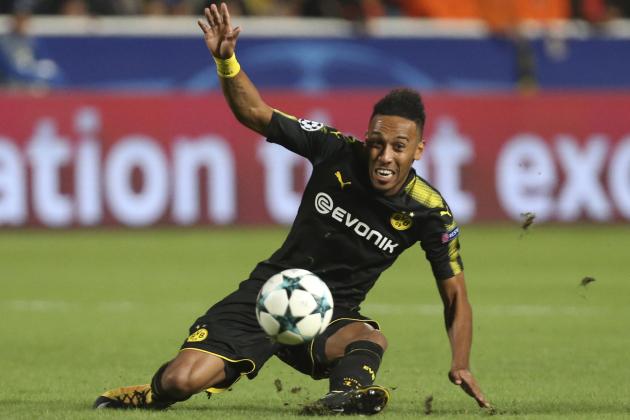 Dortmund's Pierre-Emerick Aubameyang vies for the ball during the Champions League Group H soccer match between APOEL Nicosia and Borussia Dortmund at GSP stadium, in Nicosia, Cyprus, on Tuesday, Oct. 17, 2017. (AP Photo/Petros Karadjias)