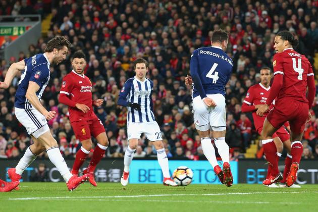 LIVERPOOL, ENGLAND - JANUARY 27:  Jay Rodriguez of West Bromwich Albion scores his sides second goal during The Emirates FA Cup Fourth Round match between Liverpool and West Bromwich Albion at Anfield on January 27, 2018 in Liverpool, England.  (Photo by Alex Livesey/Getty Images)