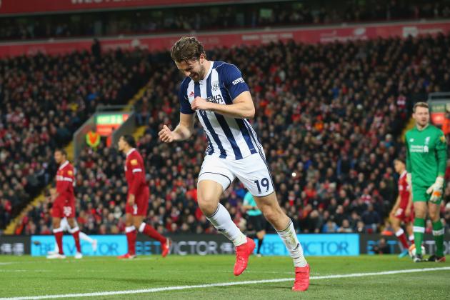 LIVERPOOL, ENGLAND - JANUARY 27:  Jay Rodriguez of West Bromwich Albion celebrates after scoring his sides second goal during The Emirates FA Cup Fourth Round match between Liverpool and West Bromwich Albion at Anfield on January 27, 2018 in Liverpool, England.  (Photo by Alex Livesey/Getty Images)