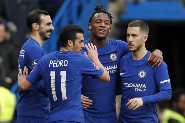 Chelsea's Belgian striker Michy Batshuayi (2nd R) celebrates with teammates after he scores their second goal of the English FA Cup fourth round football match between Chelsea and Newcastle United at Stamford Bridge in London on January 28, 2018. / AFP PHOTO / Adrian DENNIS / RESTRICTED TO EDITORIAL USE. No use with unauthorized audio, video, data, fixture lists, club/league logos or 'live' services. Online in-match use limited to 75 images, no video emulation. No use in betting, games or single club/league/player publications.  /         (Photo credit should read ADRIAN DENNIS/AFP/Getty Images)
