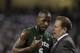 Michigan State head coach Tom Izzo talks with Travis Walton during the championship game against North Carolina at the men's NCAA Final Four college basketball tournament Monday, April 6, 2009, in Detroit. North Carolina won 89-72. (AP Photo/Eric Gay)