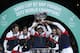French captain Yannick Noah, center, holds the cup after France won the Davis Cup at the Pierre Mauroy stadium in Lille, northern France, Sunday, Nov.26, 2017. France won the Davis Cup for the first time in 16 years after beating Belgium 3-2. (AP Photo/Christophe Ena)