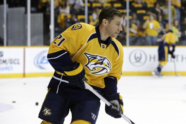 Nashville Predators center Derek Roy (21) warms up before an NHL hockey game against the Ottawa Senators Thursday, Oct. 9, 2014, in Nashville, Tenn. (AP Photo/Mark Humphrey)