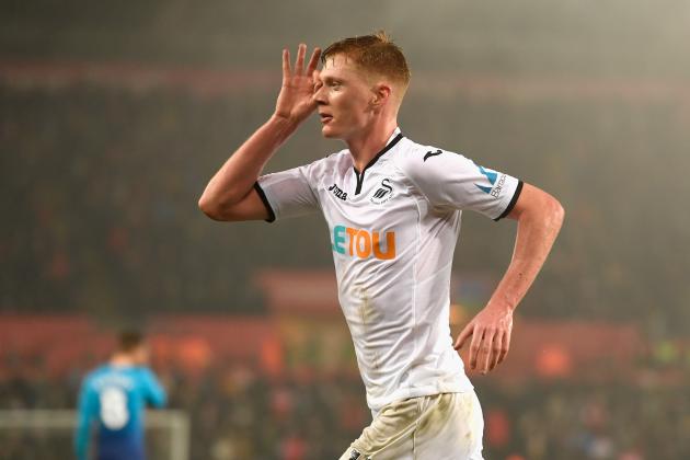 SWANSEA, WALES - JANUARY 30: Samuel Clucas of Swansea City celebrates scoring his sides third goal during the Premier League match between Swansea City and Arsenal at Liberty Stadium on January 30, 2018 in Swansea, Wales. (Photo by Stu Forster/Getty Images)